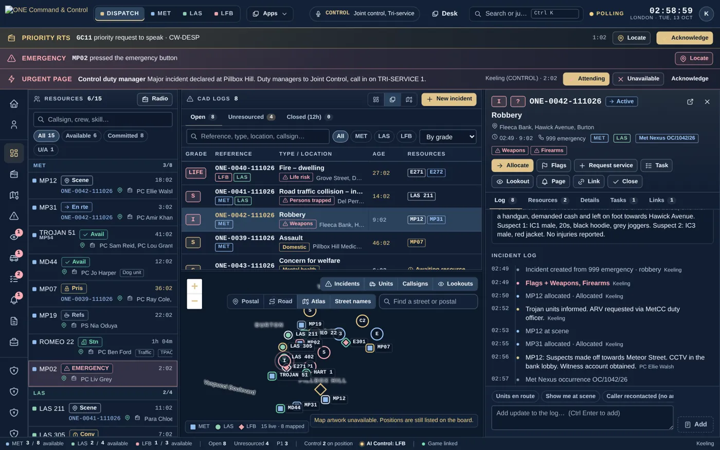 ONE command board with incidents, units and the live postal map