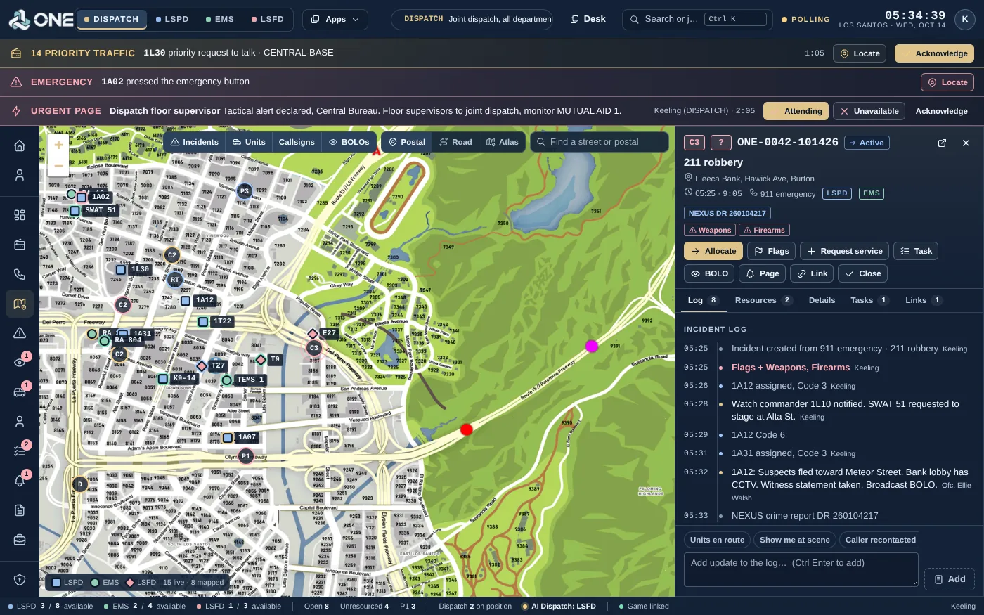 ONE live map with LSPD, EMS and LSFD units on the postal map